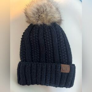 C.C Black Knit Hat with Faux Fur Pom